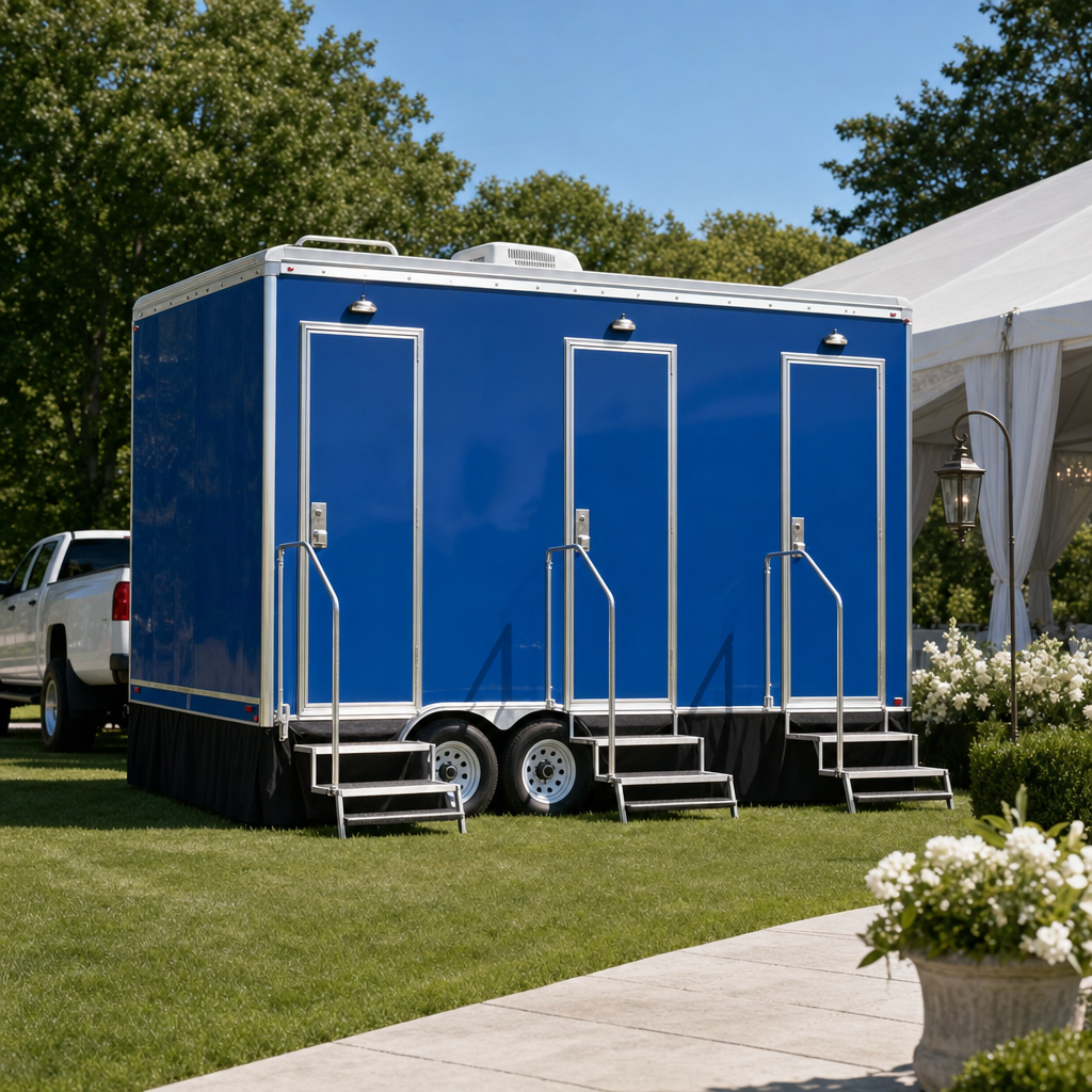 Luxury restroom trailer set up next to a white wedding tent on a manicured lawn in daylight