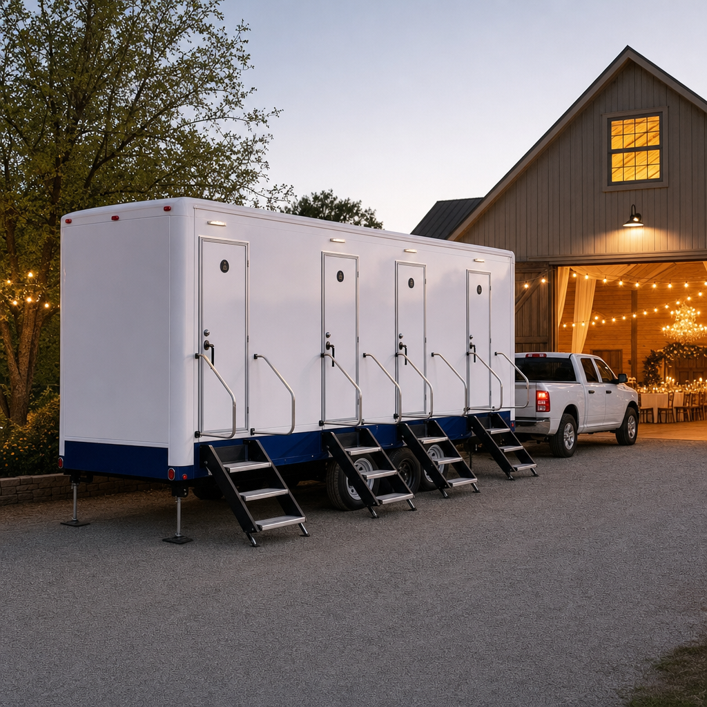 Four stall luxury restroom trailer exterior with white siding stabilizer jacks and ambient string lighting near a barn venue