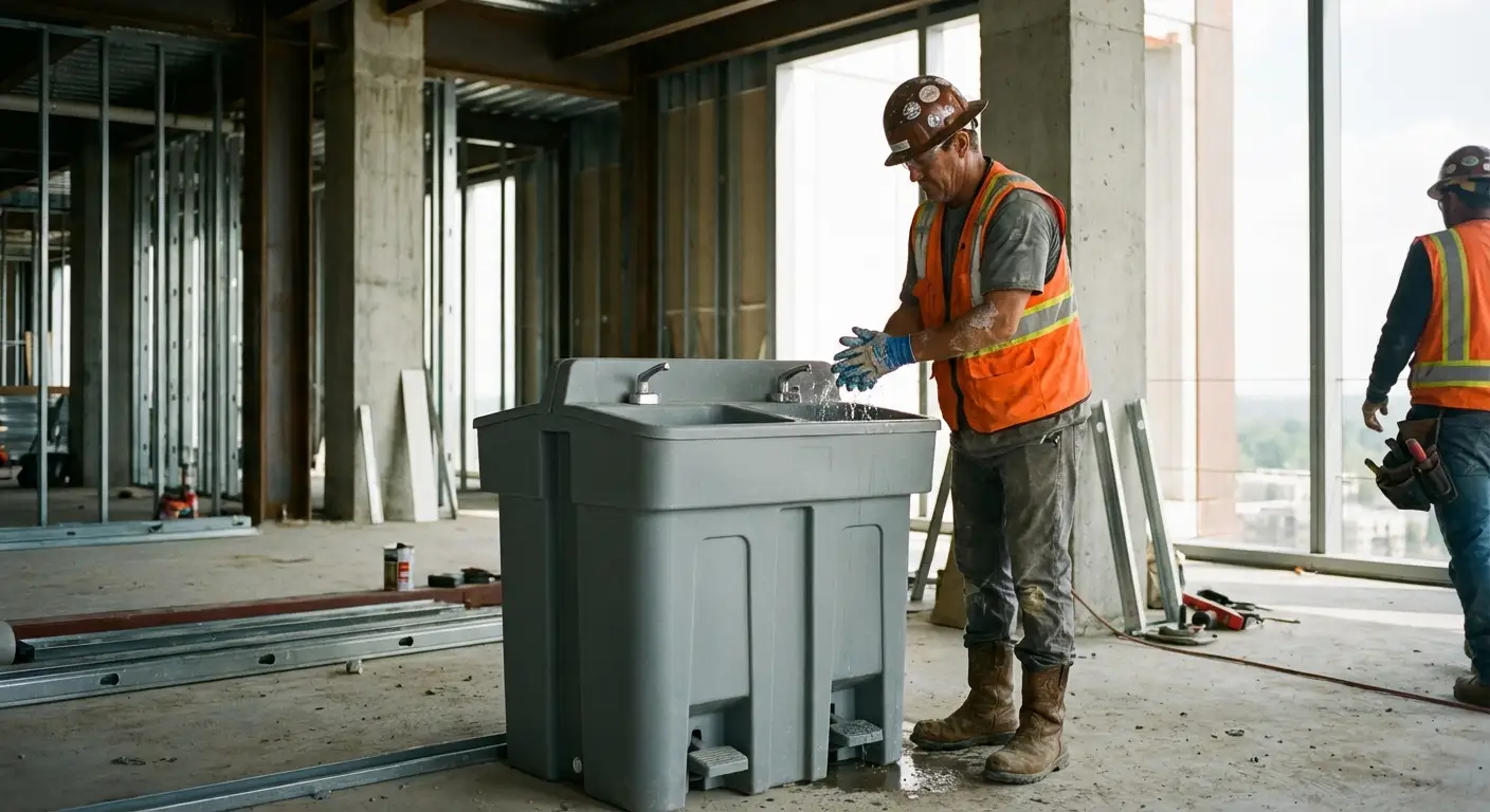 A dual-basin hand wash station positioned on a concrete floor of a high-rise construction site with the city skyline visible through open steel framing. in Greensboro, NC