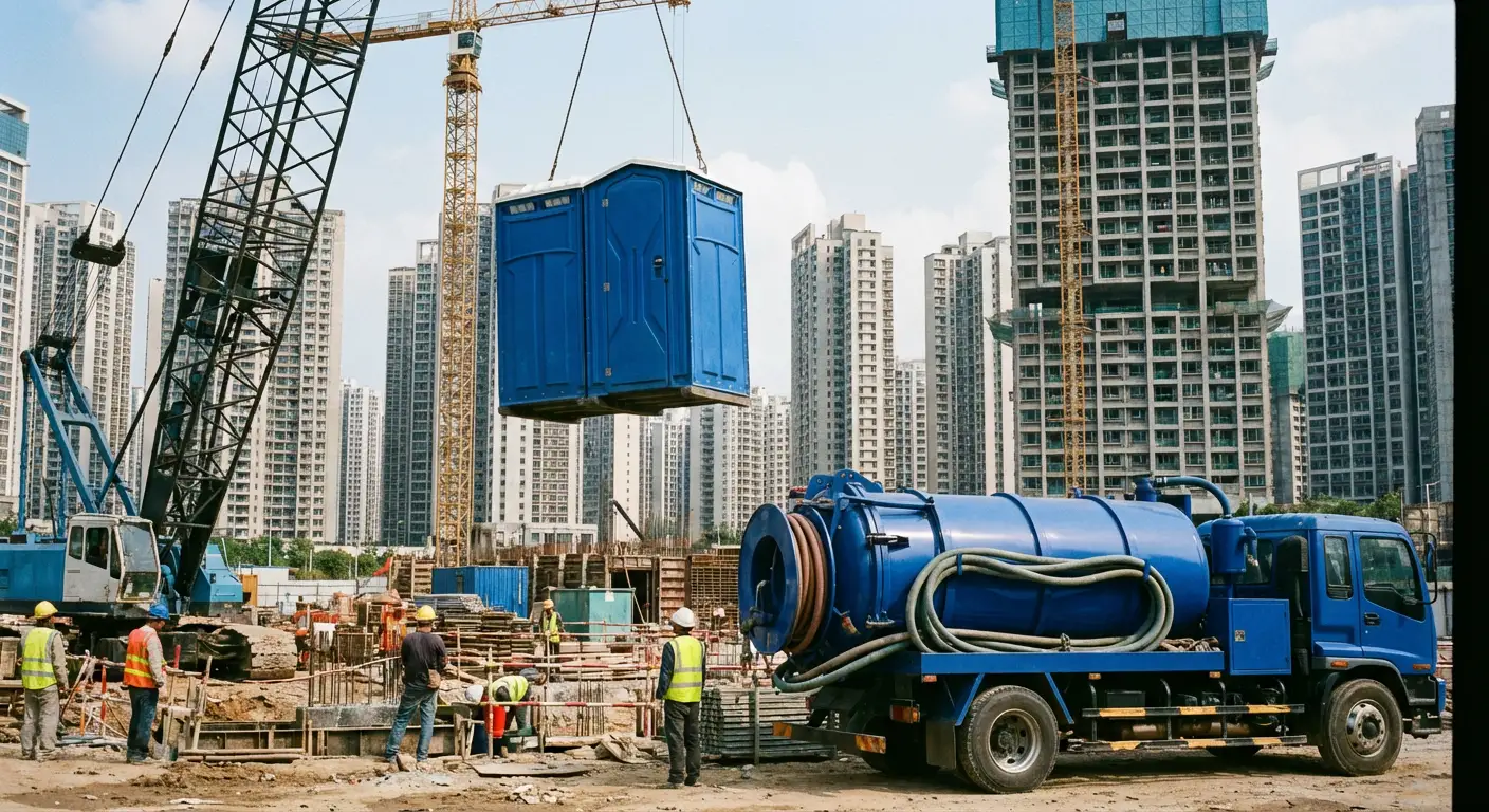 A High-Rise Crane Liftable Toilet unit suspended in mid-air by a crane against a city skyline during the day, showcasing the steel sling attachment. in Greensboro, NC