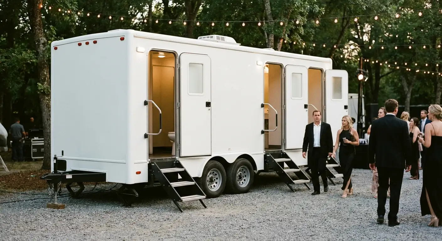Exterior of a Luxury Restroom Trailer at an evening event, warm lighting spilling from the door, positioned discreetly near a manicured lawn. in Greensboro, NC