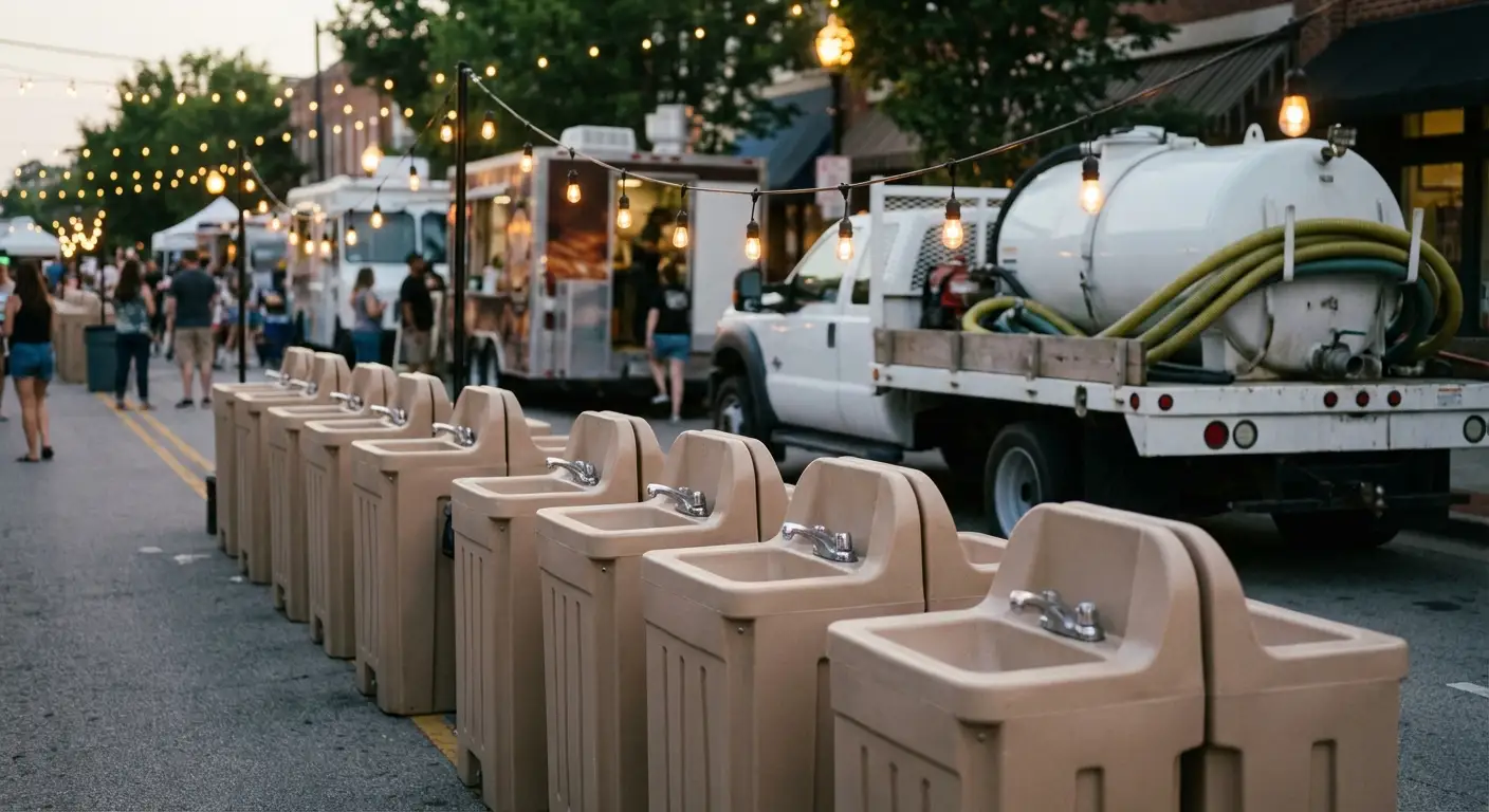 A row of clean, grey portable hand wash stations set up on pavement near food trucks, with blurred festival lights and crowd in the background. in Greensboro, NC