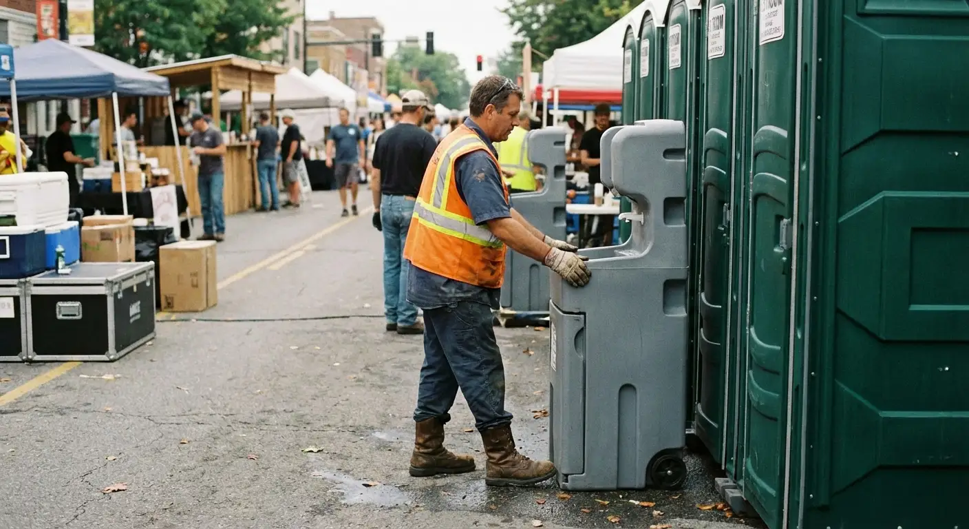 A row of pristine Special Event Portable Restrooms and hand wash stations lined up along a festival barrier with blurred crowds in the background. in Greensboro, NC