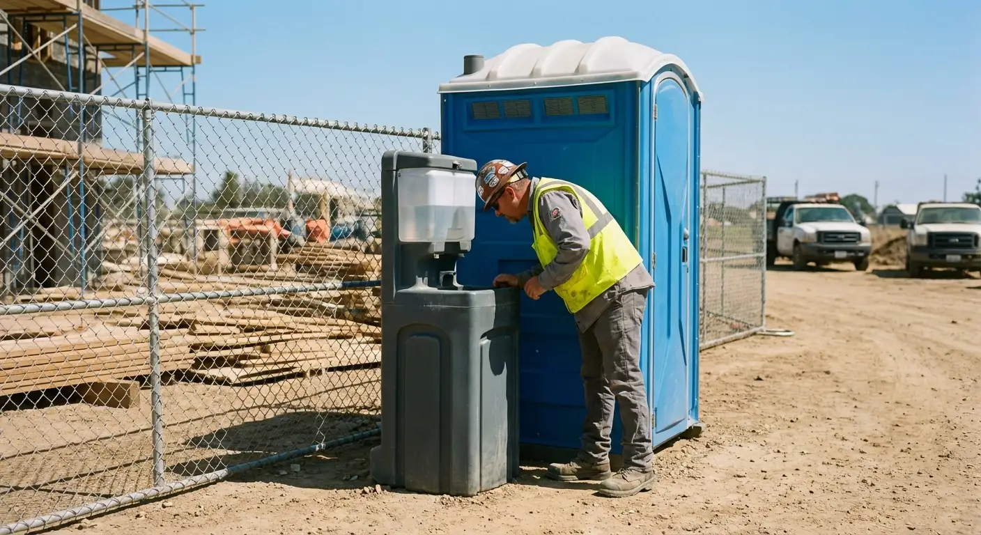 A close-up view of a portable hand wash station next to a portable toilet on a dirt construction site, focusing on the foot pump mechanism. in Greensboro, NC